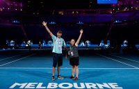 Australian Tennis Foundation lottery winners, Dion Kidner and Cath Kent, at Rod Laver Arena. Picture: Tennis Australia