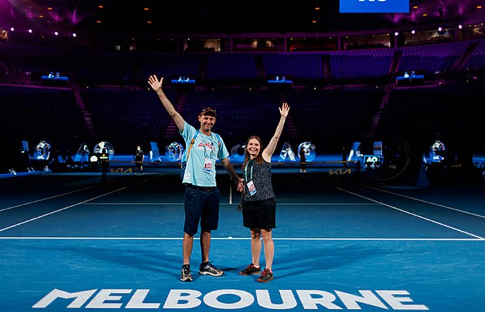 Australian Tennis Foundation lottery winners, Dion Kidner and Cath Kent, at Rod Laver Arena. Picture: Tennis Australia