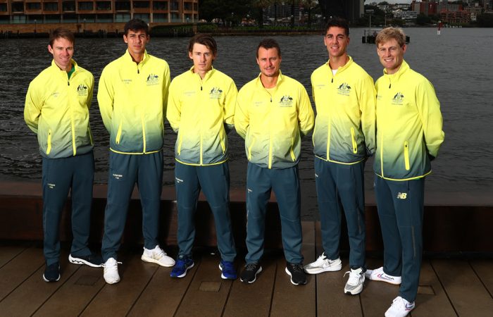 Australia's Davis Cup team members John Peers, Alexei Popyrin, Alex de Minaur, captain Lleyton Hewitt, Thanasi Kokkinakis and Luke Saville in Sydney; Getty Images 