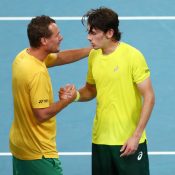 Australian captain Lleyton Hewitt celebrates with Alex de Minaur at the Davis Cup qualifier in Sydney; Getty Images