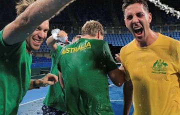 The Australian Davis Cup team celebrates victory against Hungary in Sydney.