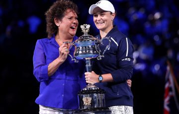 Evonne Goolagong Cawley presents Ash Barty with her Australian Open 2022 title. Picture: Getty Images