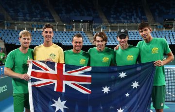 The Australian Davis Cup team celebrates its qualifying win against Hungary in March. Picture: Getty Images