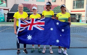 GOLD MEDALLISTS: Australia's Junior Billie Jean King Cup team in India. From left, coach Louise Pleming, Emerson Jones, Lily Taylor and Sarah Rokusek.