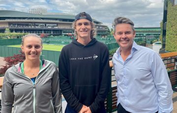 Zoe Hives and Max Purcell with Australian legend Todd Woodbridge at Wimbledon. Picture: Tennis Australia