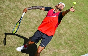 Nick Kyrgios serves at Halle. Picture: Getty Images