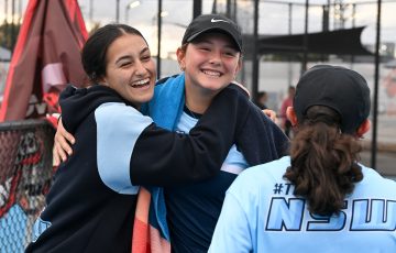 Rianna Alame, Elizabeth Ivanov and Gabby Gregg from New South Wales celebrate their title-winning run. Picture: Tennis Australia
