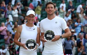 Sam Stosur and Matthew Ebden with their Wimbledon 2022 mixed doubles finalist trophies. Picture: Getty Images