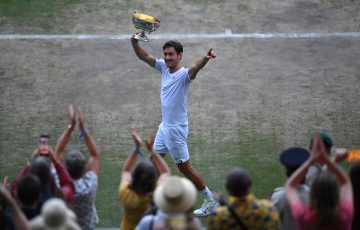 Matt Ebden celebrates with fans at Wimbledon's Centre Court. Picture: Getty Images