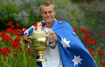 Lleyton Hewitt celebrating his Wimbledon 2002 victory. Picture: Getty Images