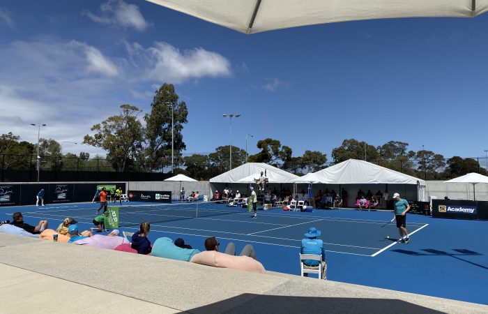 Action at the City of Playford Tennis International. Picture: Tennis SA