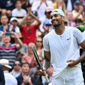 Nick Kyrgios celebrates his five-set win over Brandon Nakashima, which sends him through to the quarterfinals at Wimbledon. (Getty Images)