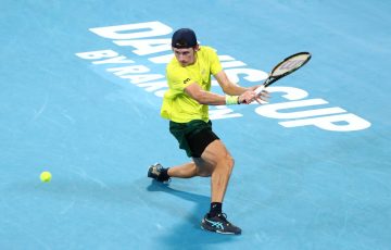 Alex de Minaur competes for Australia in the Davis Cup qualifier in March 2022; Getty Images 
