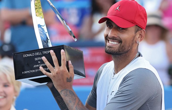Nick Kyrgios with his Washington trophy. Picture: Getty Images