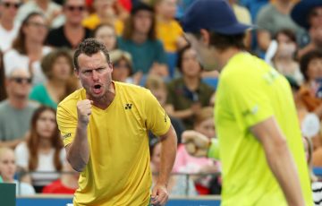 Australian Davis Cup captain Lleyton Hewitt encourages Alex de Minaur  during the 2022 Davis Cup Qualifier between Australia and Hungary; Getty Images 