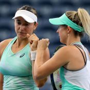 Storm Sanders (R) and Caroline Dolehide at the US Open. (Getty Images)