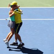 Storm Sanders (L) and John Peers beat Kirsten Flipkens and Edouard Roger-Vasselin to win the US Open mixed doubles title. (Getty Images)