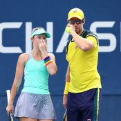 Storm Sanders (L) and John Peers in mixed doubles action at the US Open. (Getty Images)