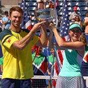 Storm Sanders (R) and John Peers beat Kirsten Flipkens and Edouard Roger-Vasselin to win the US Open mixed doubles title. (Getty Images)