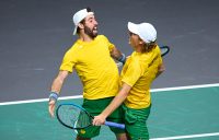 Jordan Thompson and Max Purcell celebrate their doubles victory in the Davis Cup semifinals. Picture: Getty Images