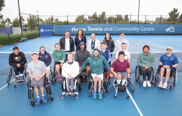 World No.3 Heath Davidson, centre, helped launch the 2023 Australian Wheelchair Tennis Summer Series. Picture: Tennis Australia