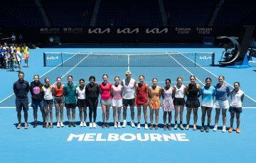 Rafael Nadal with competitors from the Australian Rafa Nadal Masters event at Rod Laver Arena. Picture: Tennis Australia