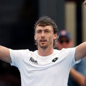 John Millman celebrates victory at the Adelaide International 2 tournament; Getty Images 