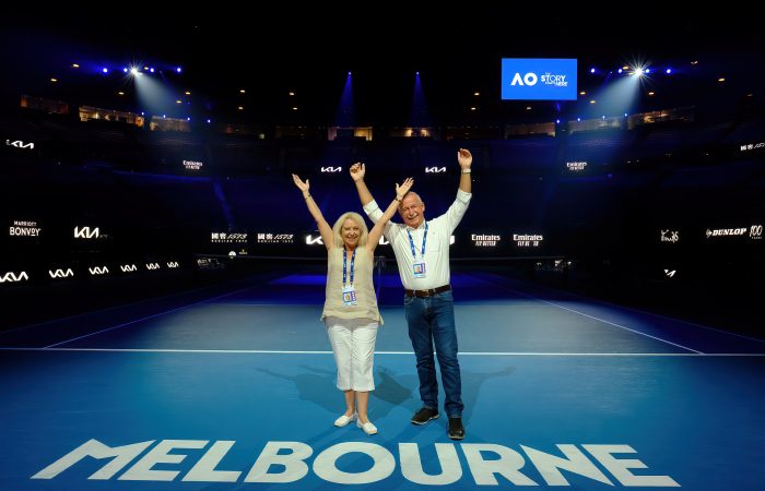 Australian Tennis Foundation lottery winners Lyn and Bill Byrnes at Rod Laver Arena. Picture: Tennis Australia