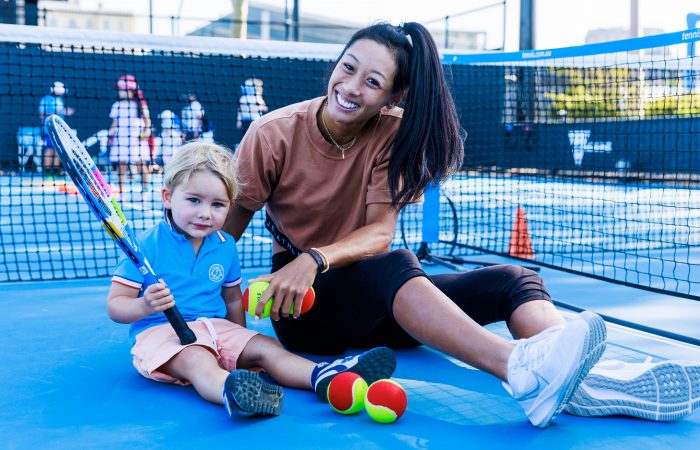 Priscilla Hon with a young fan at Australian Open 2023. Picture: Tennis Australia