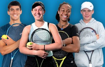 Philip Sekulic, Zara Larke, Lily Taylor and Hayden Jones are among 27 athletes at the National Tennis Academy. Pictures: Tennis Australia