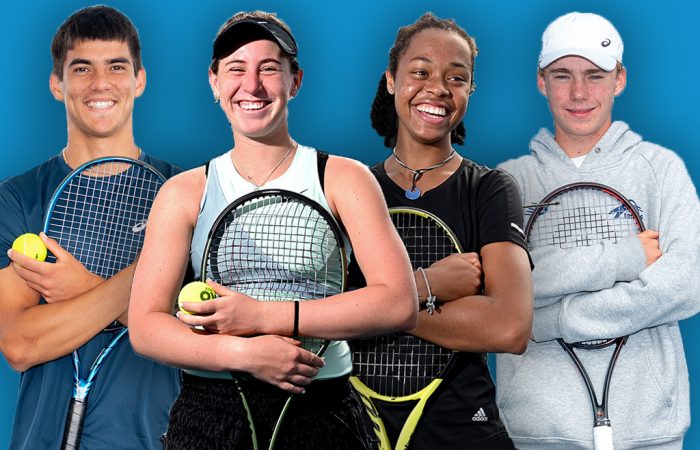 Philip Sekulic, Zara Larke, Lily Taylor and Hayden Jones are among 27 athletes at the National Tennis Academy. Pictures: Tennis Australia