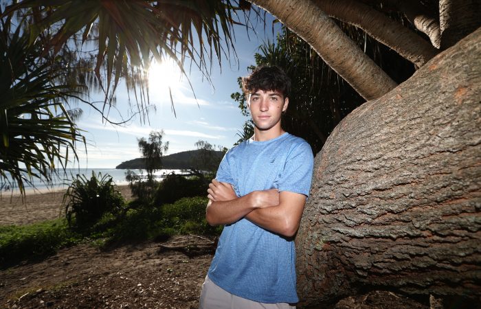 Jake Dembo during a National Tennis Academy camp at Noosa. Picture: Tennis Australia