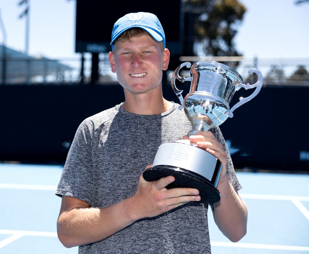 Pavle Marinkov celebrates winning the 18/u Australian Championships in December 2022. Picture: Tennis Australia