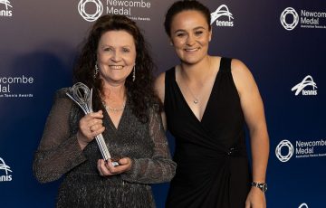 Julie Polkinghorne with former world No.1 Ash Barty at the 2022 Australian Tennis Awards. Picture: Tennis Australia