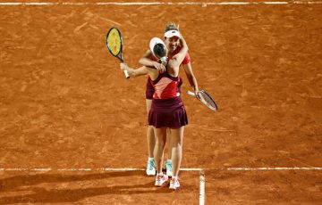 Storm Hunter and Elise Mertens celebrate their semifinal win in Rome. Picture: Getty Images