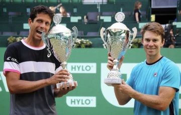 Marcelo Melo and John Peers celebrate their title-winning run in Halle
