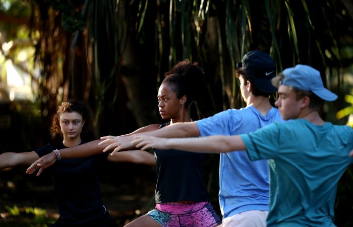 National Tennis Academy athletes Tahlia Kokkinis, Lily Taylor, Jake Dembo and Hayden Jones during a yoga session in Noosa. Picture: Tennis Australia