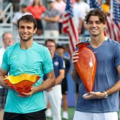 Aleksandar Vukic (L) and Taylor Fritz pose for a photo with trophies after the ATP Atlanta Open final; Getty Images