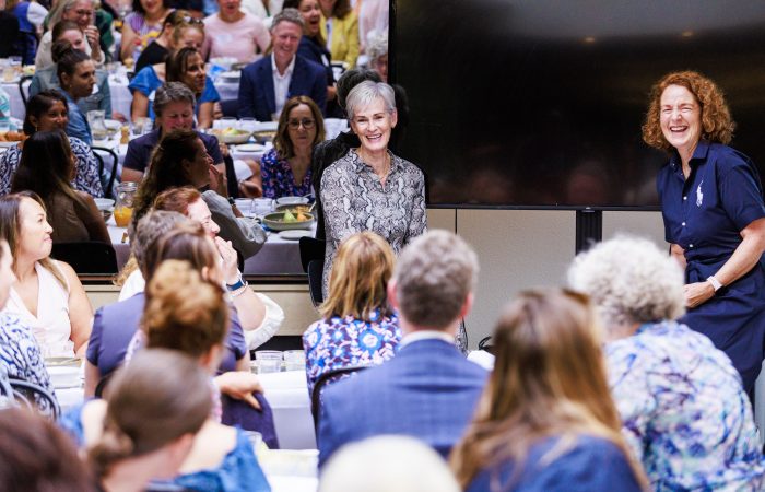 Andrea Buckeridge, pictured right, with British coach Judy Murray at a women in tennis event during Australian Open 2023. Picture: Tennis Australia