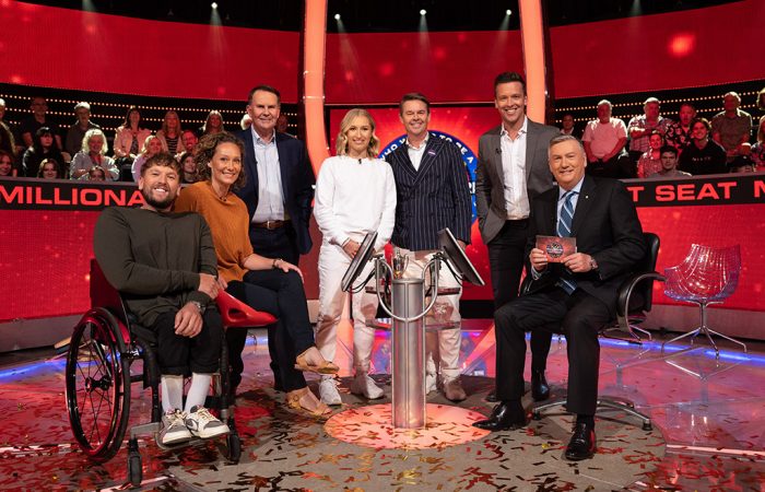 Dylan Alcott, Sam Stosur, Tony Jones, Daria Saville, Todd Woodbridge and James Bracey with Hot Seat host Eddie McGuire. Picture: Nine Network