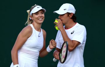 Katie Boulter and Alex de Minaur during their mixed doubles win at Wimbledon 2023. Picture: Getty Images