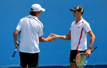 Chris O'Connell and Jordan Thompson compete in the AO 2011 junior boys doubles; Getty Images
