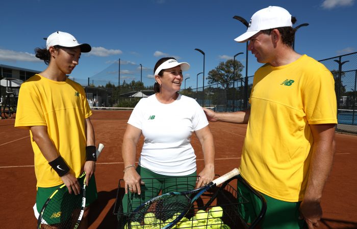 Alison Scott with Australian PWII players Simon Ma and Archie Graham. Picture: Tennis Australia