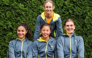 Australia's 14-and-under team of Renee Alame, Koharu Nishikawa and Sara Nikolic, with captain Jessica Moore, at the 2023 ITF World Junior Tennis Finals in the Czech Republic. Picture: ITF