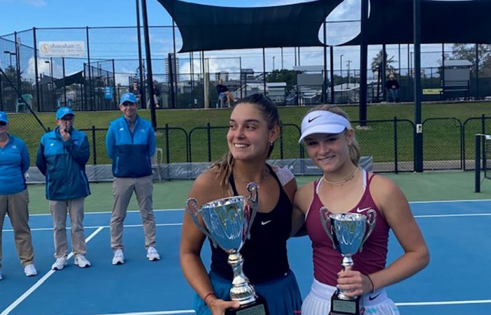 Melisa Ercan and Emerson Jones with their Australian Pro Tour trophies in Caloundra. 