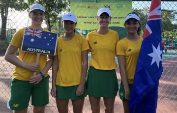 Sara Nikolic, Koharu Nishikawa and Renee Alame (along with coach Jessica Moore, second from right) will represent Australia in the Czech Republic this week. 