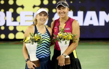 Ellen Perez and Nicole Melichar-Martinez with their runner-up trophies  at Cincinnati. Picture: Getty Images