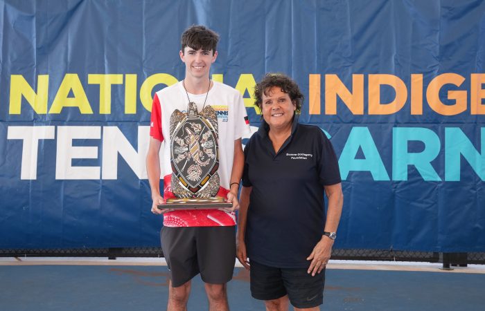 Jayden Kemp with Evonne Goolagong Cawley after winning the Evonne Goolagong Cawley Medal of Excellence at the National Indigenous Tennis Carnival. Picture: Tennis Australia