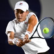 Rinky Hijikata in action during his first-round loss to John Isner at the ATP tournament in Los Cabos, Mexico (Getty Images)
