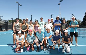 John Millman with participants at the Tennis Australia Talent Combine in Brisbane. Picture: Tennis Australia